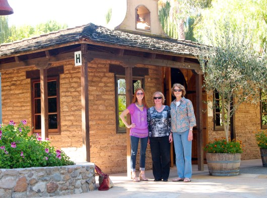 Meg, Jane and Auntie in front of the mission at Cline Cellars